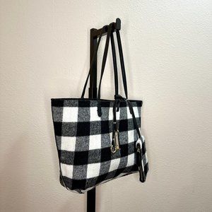 Charming Charlie Black & White Buffalo Check / Faux Leather Reversible Tote Bag